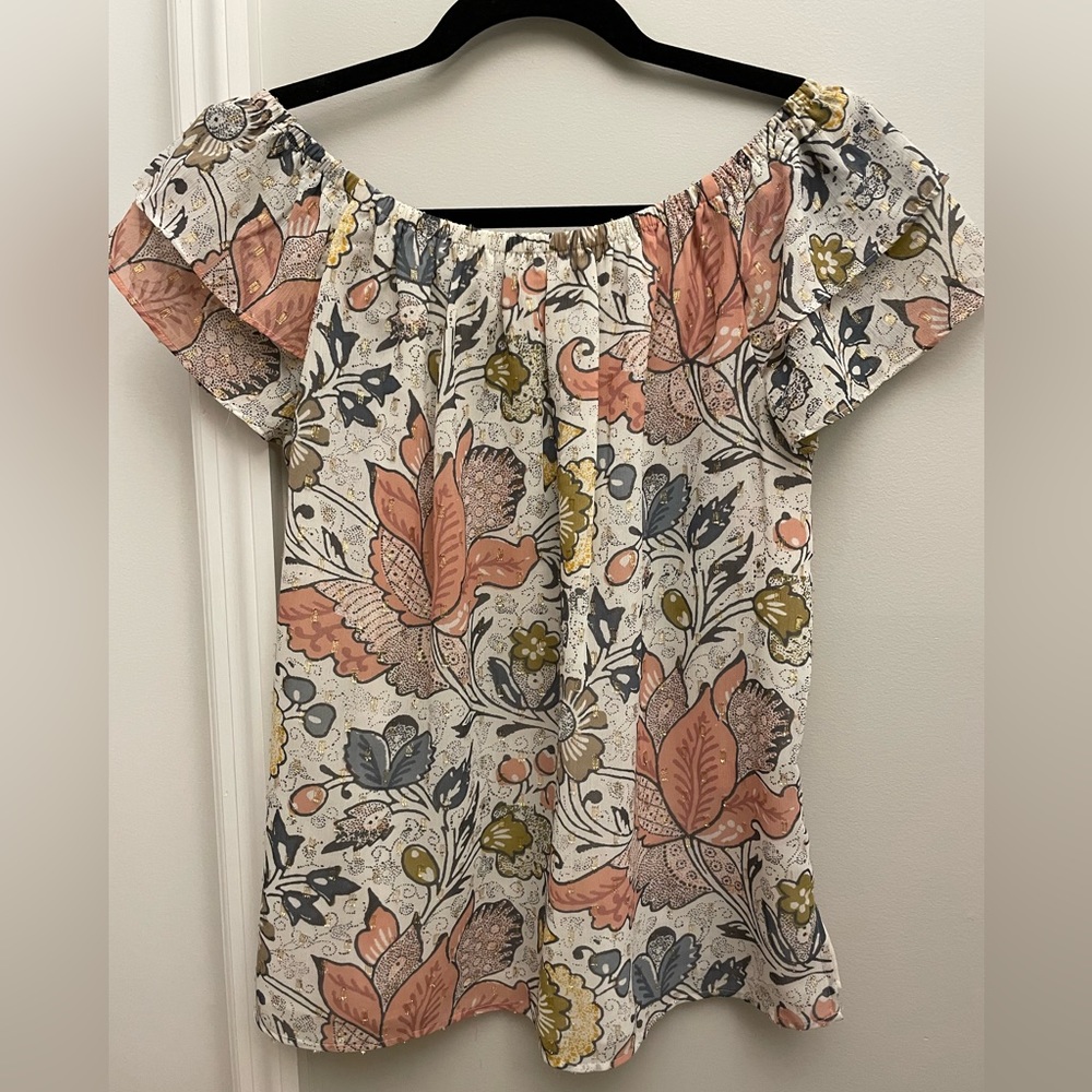 LOFT Off-Shoulder Ruffle-Sleeve Patterned Top - Picture 2 of 5